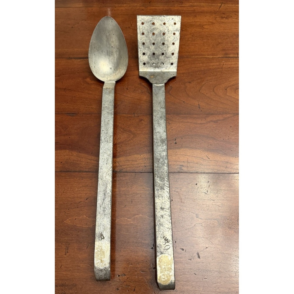 Vintage French Heavy Duty Aluminum Serving Spoon & Perforated Spatula Set of 2